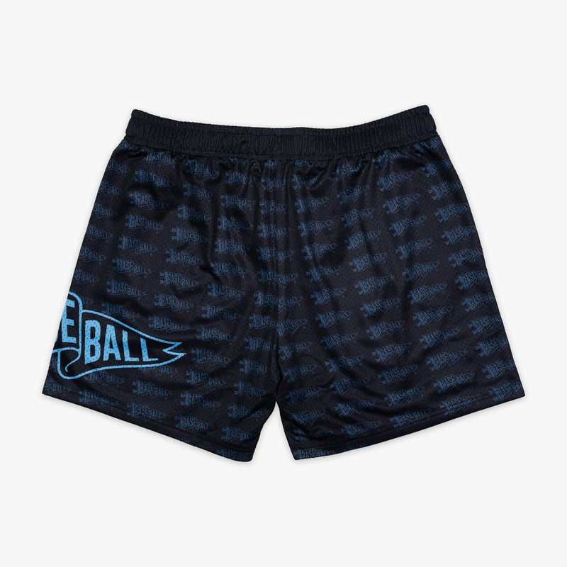 Black and light blue Pennant shorts - back view