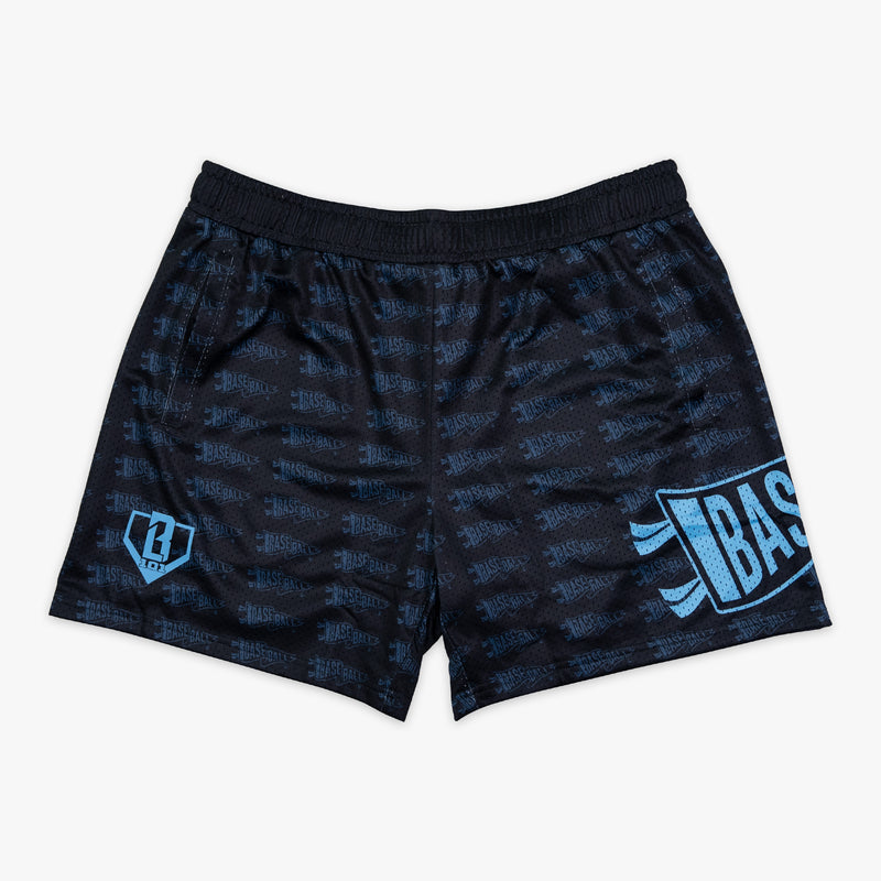 Black and light blue Pennant shorts - front view