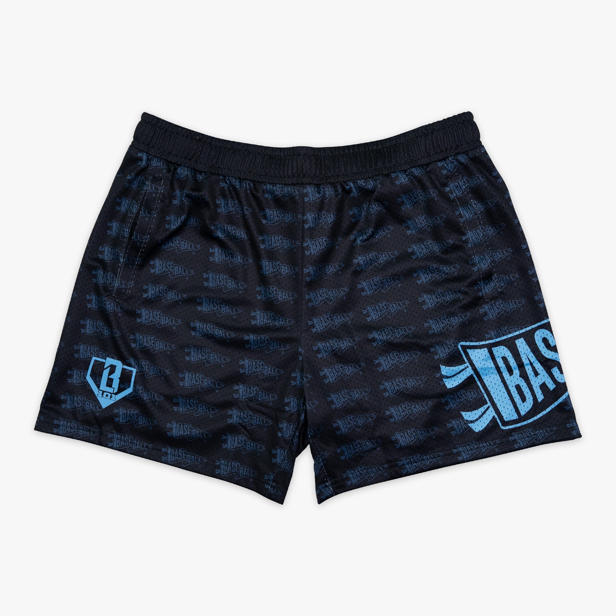 Black and light blue Pennant youth shorts — front view