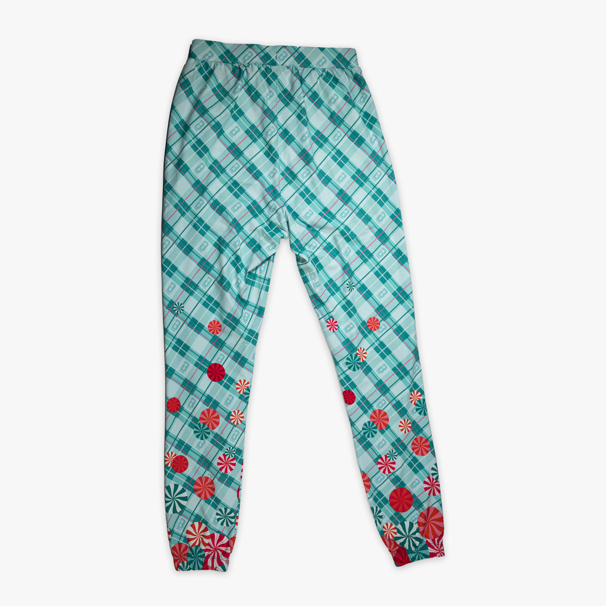 Multi-color pajama pants with "Peppermint Plaid" design — back view