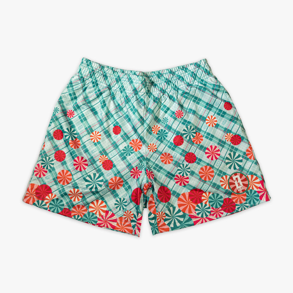 Teal youth shorts with "Peppermint Plaid" design - front view