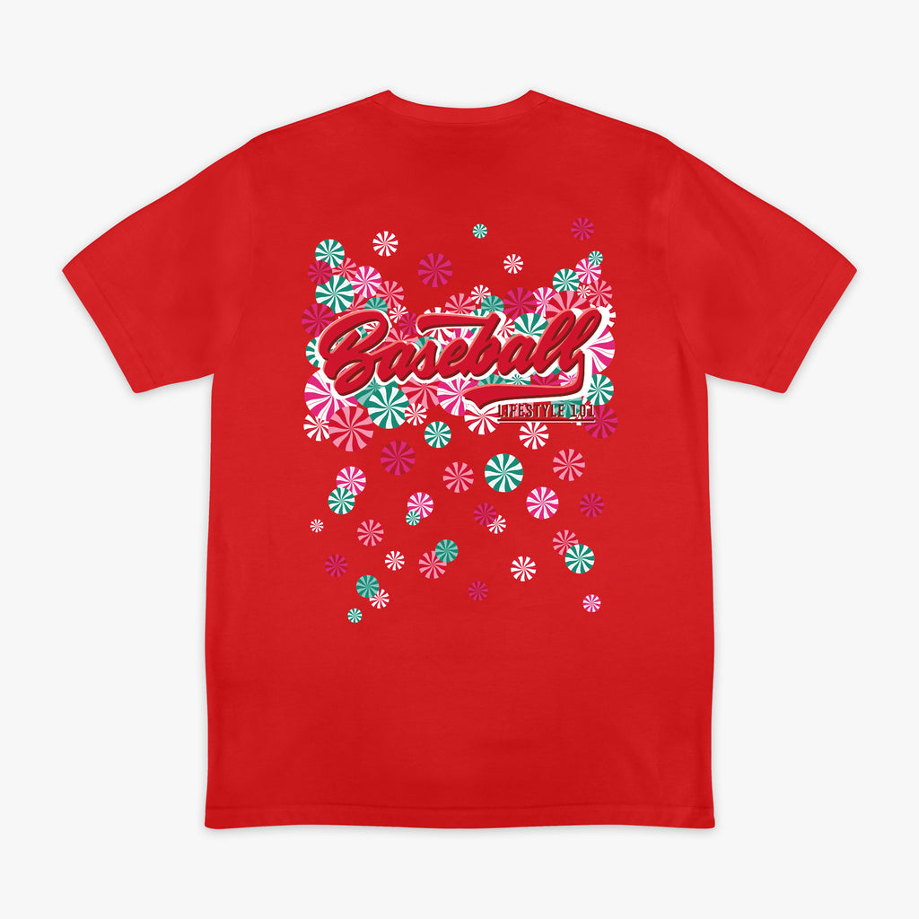 Red graphic tee with "Peppermint Plaid" design - back view