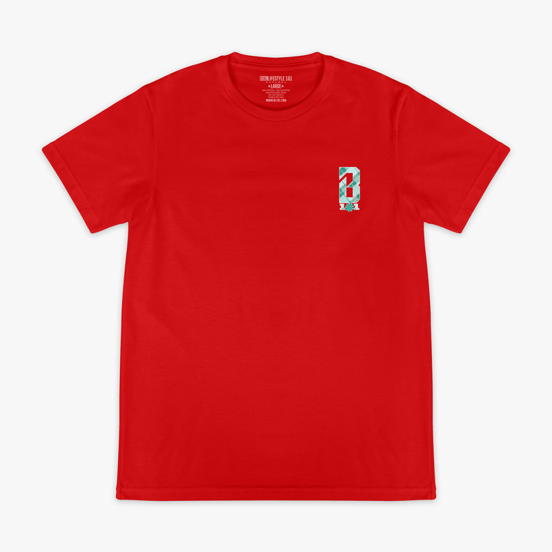 Red graphic tee with "Peppermint Plaid" design - front view