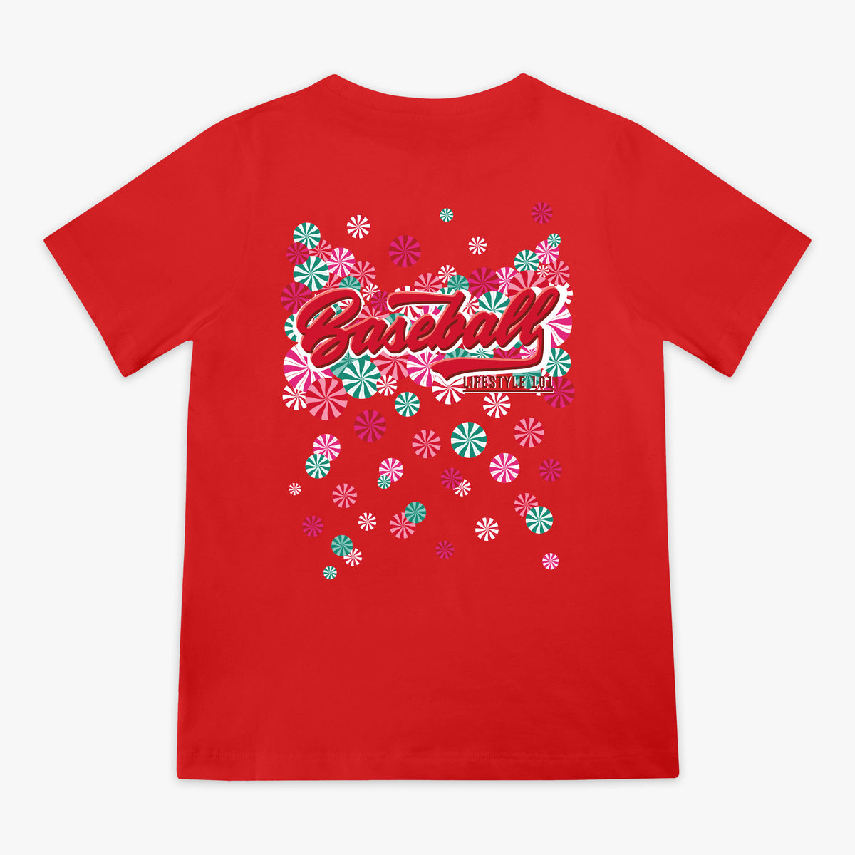Red youth graphic tee with "Peppermint Plaid" design - back view