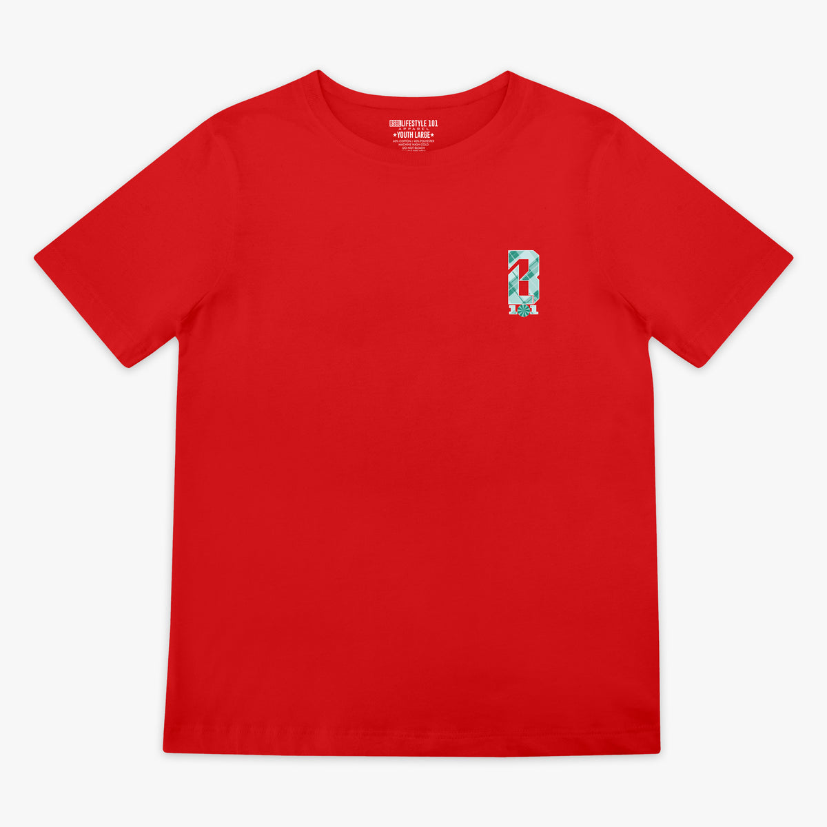 Red youth graphic tee with "Peppermint Plaid" design - front view