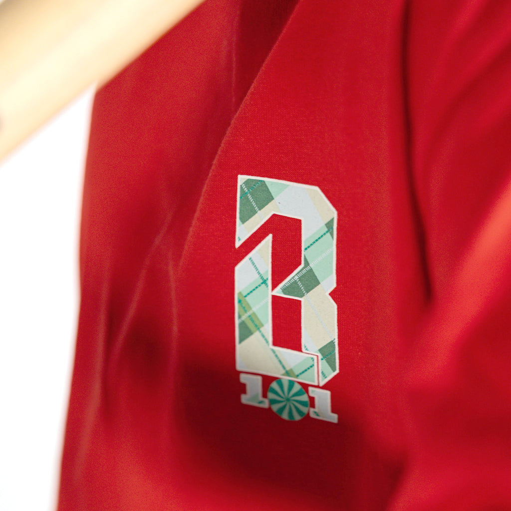 Youth model wearing red youth graphic tee with "Peppermint Plaid" design