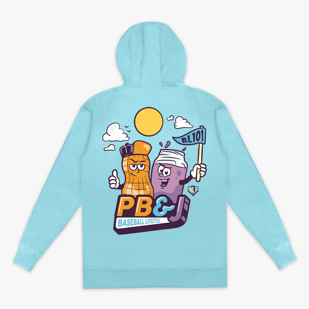 Back flat lay of the BL101 youth PB&J Baseball Lifestyle hoodie in light blue, featuring the cartoon peanut and jelly jar mascot graphic on a white background.