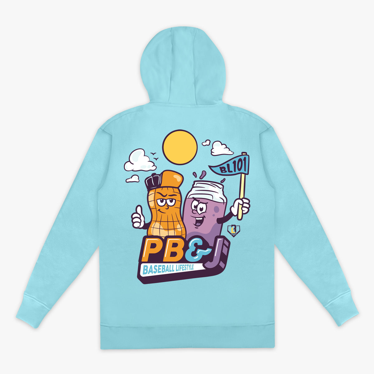Back flat lay of the BL101 youth PB&J Baseball Lifestyle hoodie in light blue, featuring the cartoon peanut and jelly jar mascot graphic on a white background.