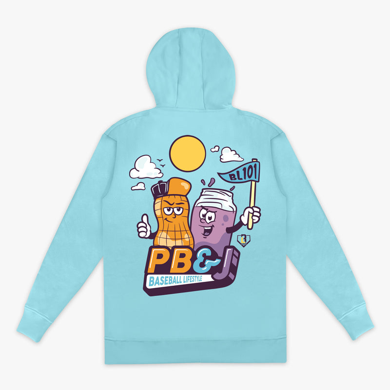 Back flat lay of the BL101 youth PB&J Baseball Lifestyle hoodie in light blue, featuring the cartoon peanut and jelly jar mascot graphic on a white background.