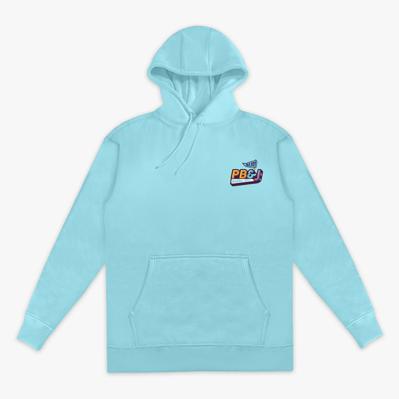 Front flat lay of the BL101 PB&J Baseball Lifestyle light blue hoodie, showing the chest logo and kangaroo pocket on a white background.