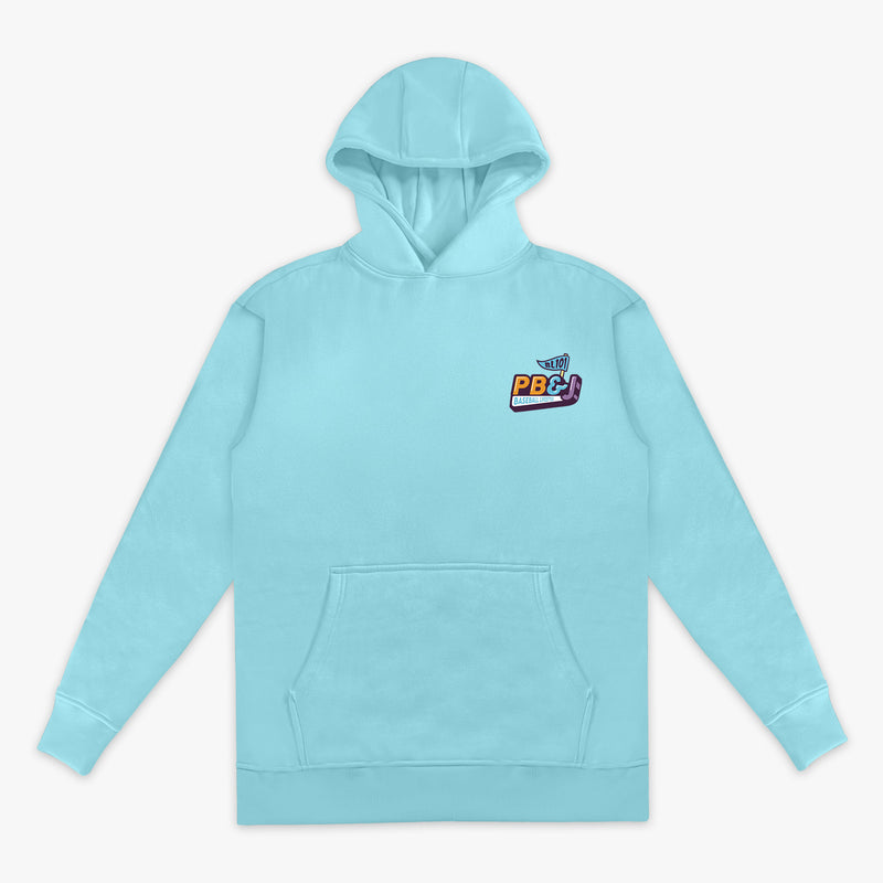 Front flat lay of the BL101 youth PB&J Baseball Lifestyle light blue hoodie, showing the chest logo and kangaroo pocket on a white background.