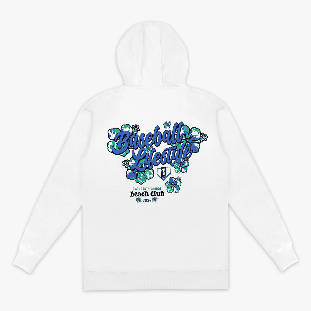 White hoodie with floral 'Baseball Lifestyle Swing Into Spring Beach Club 2026' text design on a white background