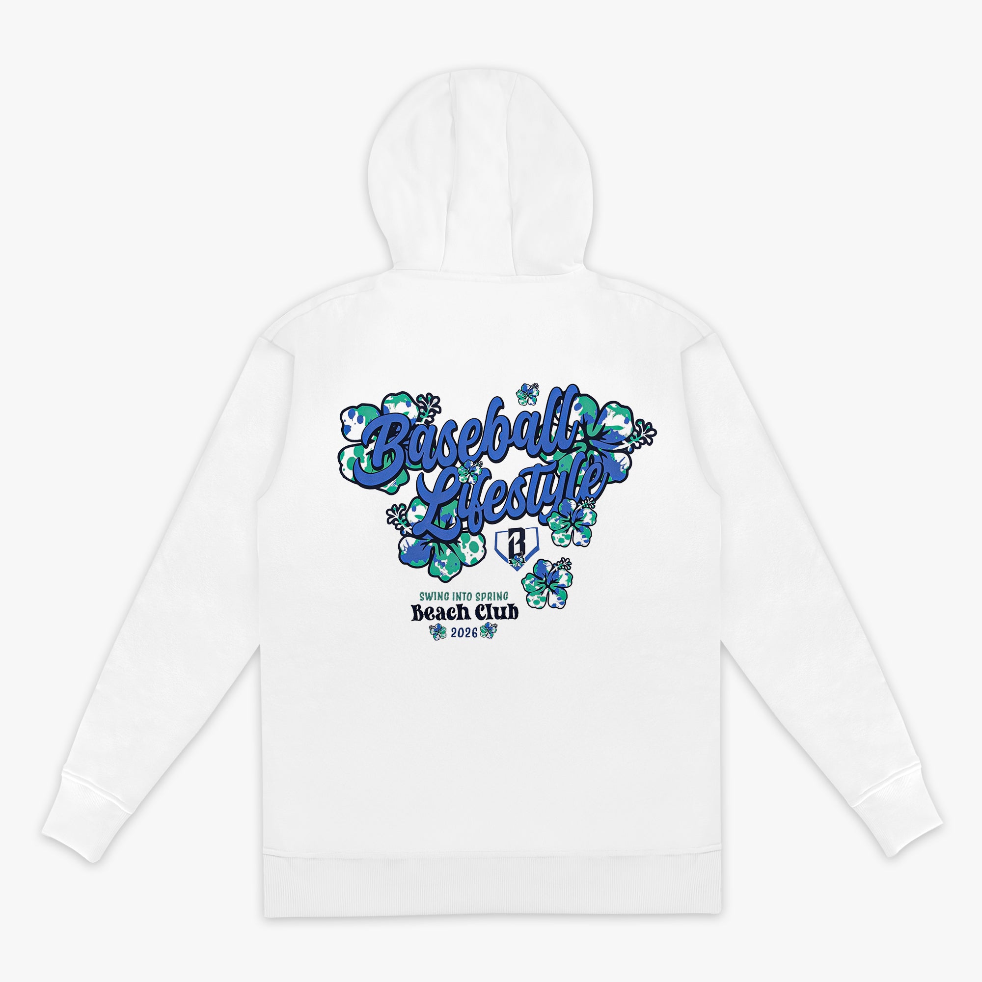 White hoodie with floral 'Baseball Lifestyle Swing Into Spring Beach Club 2026' text design on a white background