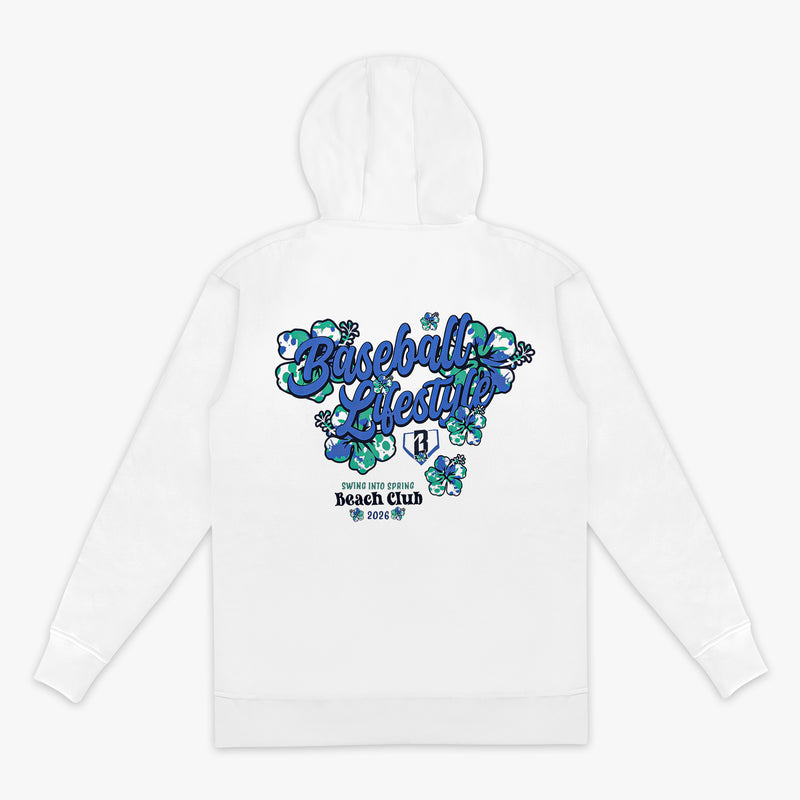 White hoodie with floral 'Baseball Lifestyle Swing Into Spring Beach Club 2026' text design on a white background