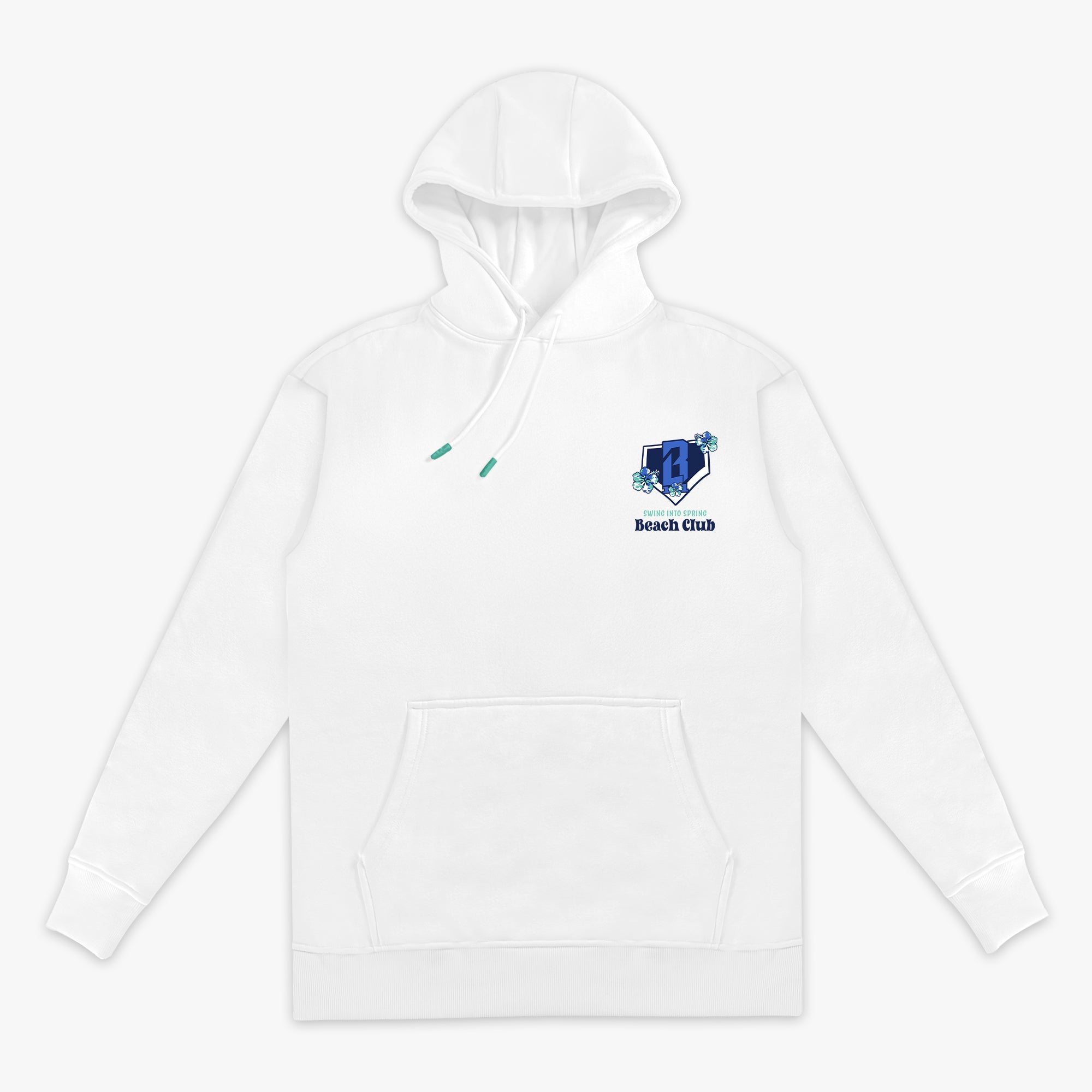 White hoodie with a blue and green floral BL101 logo and 'Swing into Spring Beach Club' text on a white background