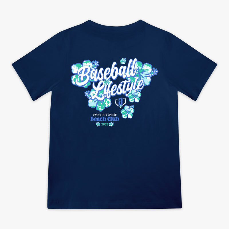 Navy blue t-shirt with 'Baseball Lifestyle' text and flower design on a white background