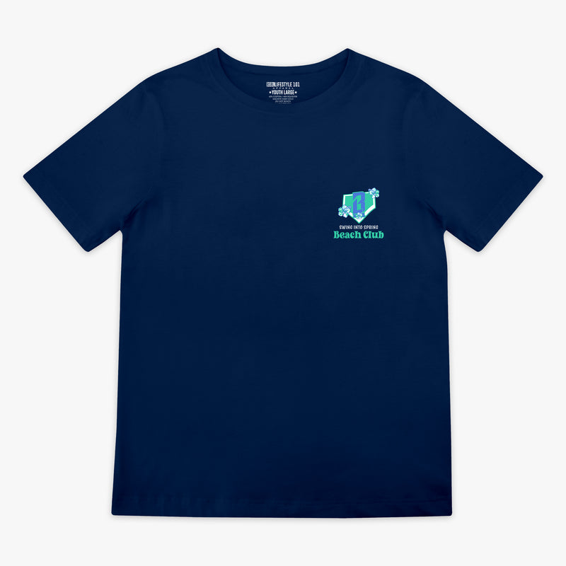 Navy blue t-shirt with a blue and green BL101 logo and 'Swing into Spring Beach Club' text on a white background