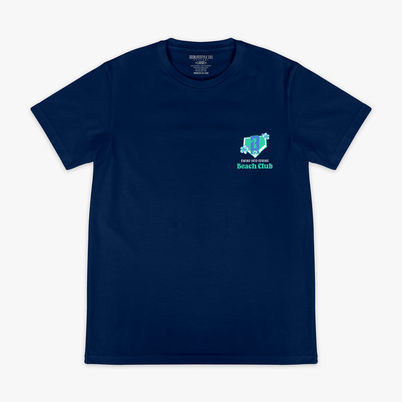 Navy blue t-shirt with a blue and green BL101 logo and 'Swing into Spring Beach Club' text on a white background