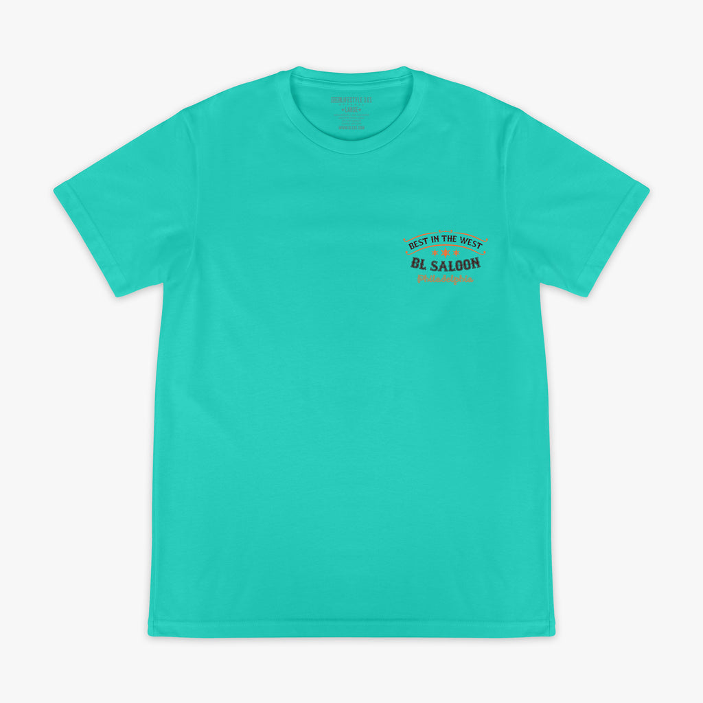 Teal t-shirt with 'Best in the west BL Saloon Philadelphia' text on a white background