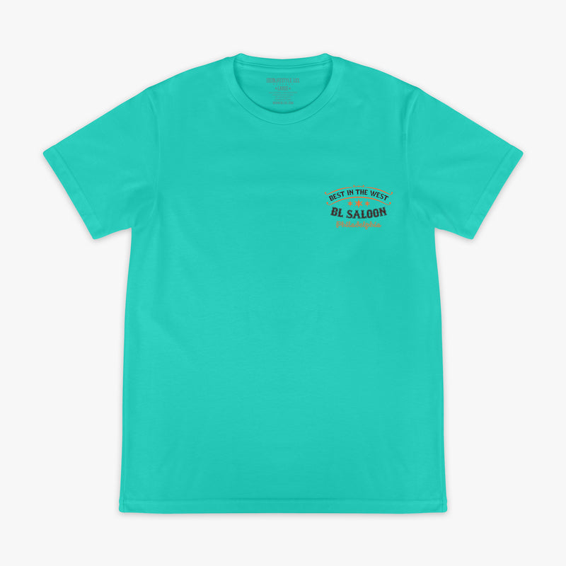 Teal t-shirt with 'Best in the west BL Saloon Philadelphia' text on a white background