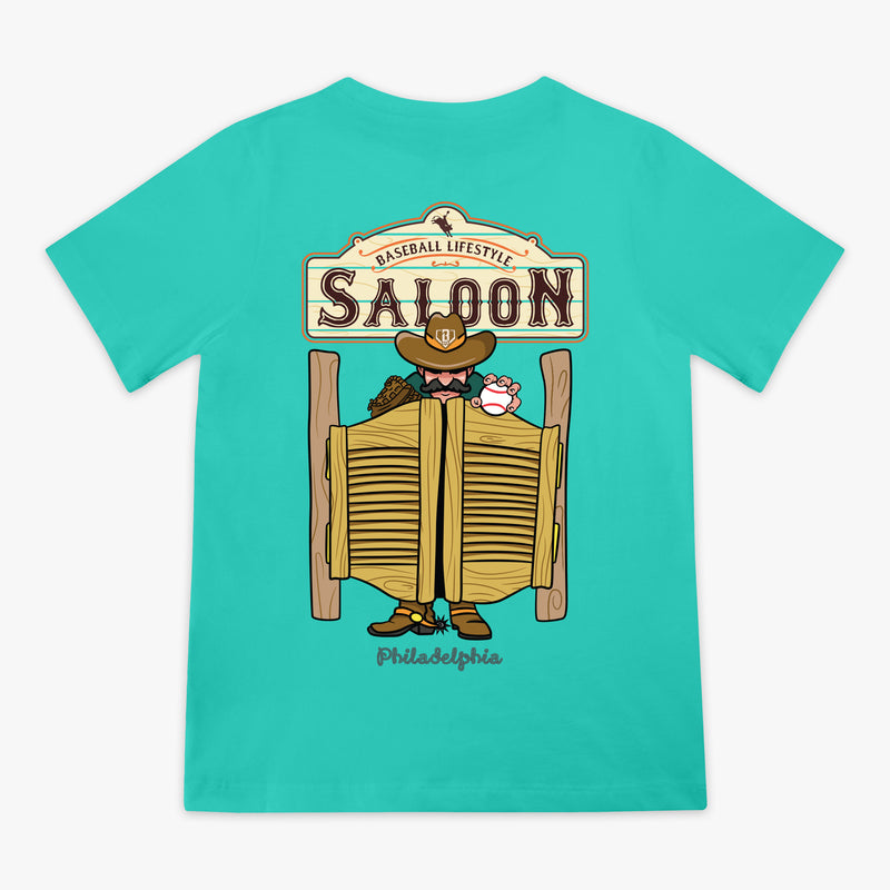 Teal t-shirt with a graphic of a saloon door and cowboy, on a white background