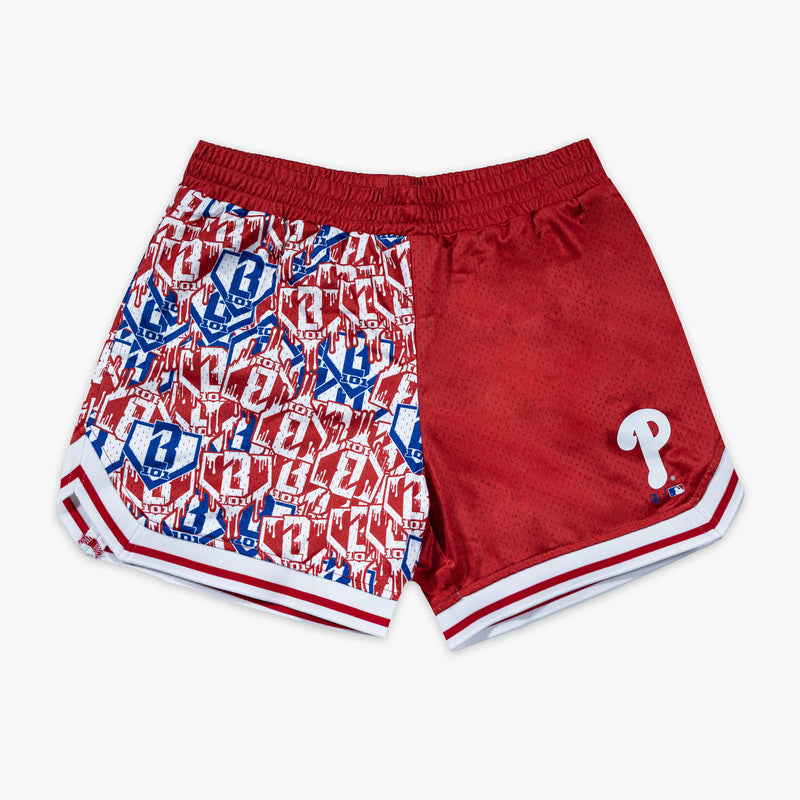 Red shorts with "Philadelphia Phillies Sticker Court" design - front view