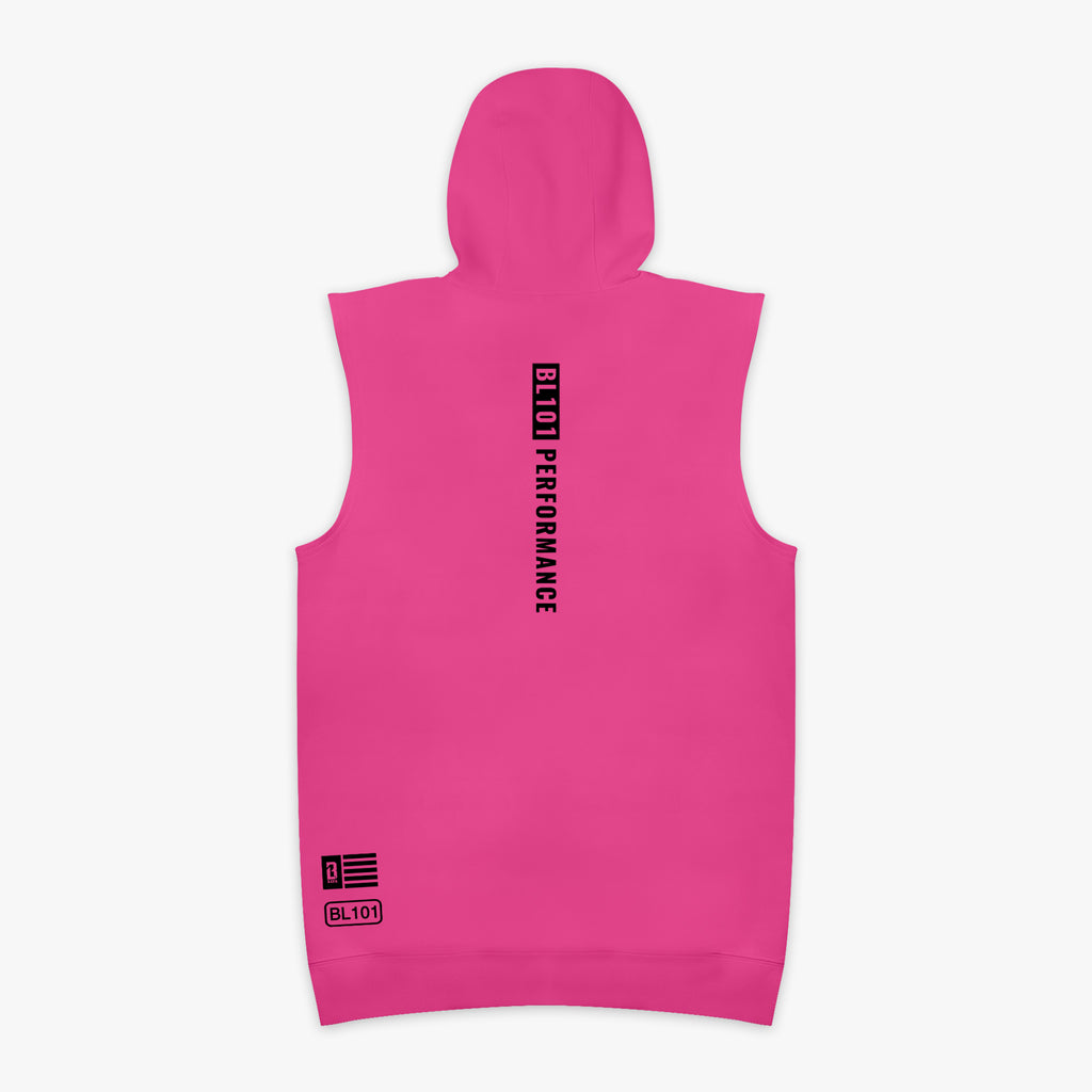 Pink sleeveless hoodie with black 'Bl101 PERFORMANCE' text on chest