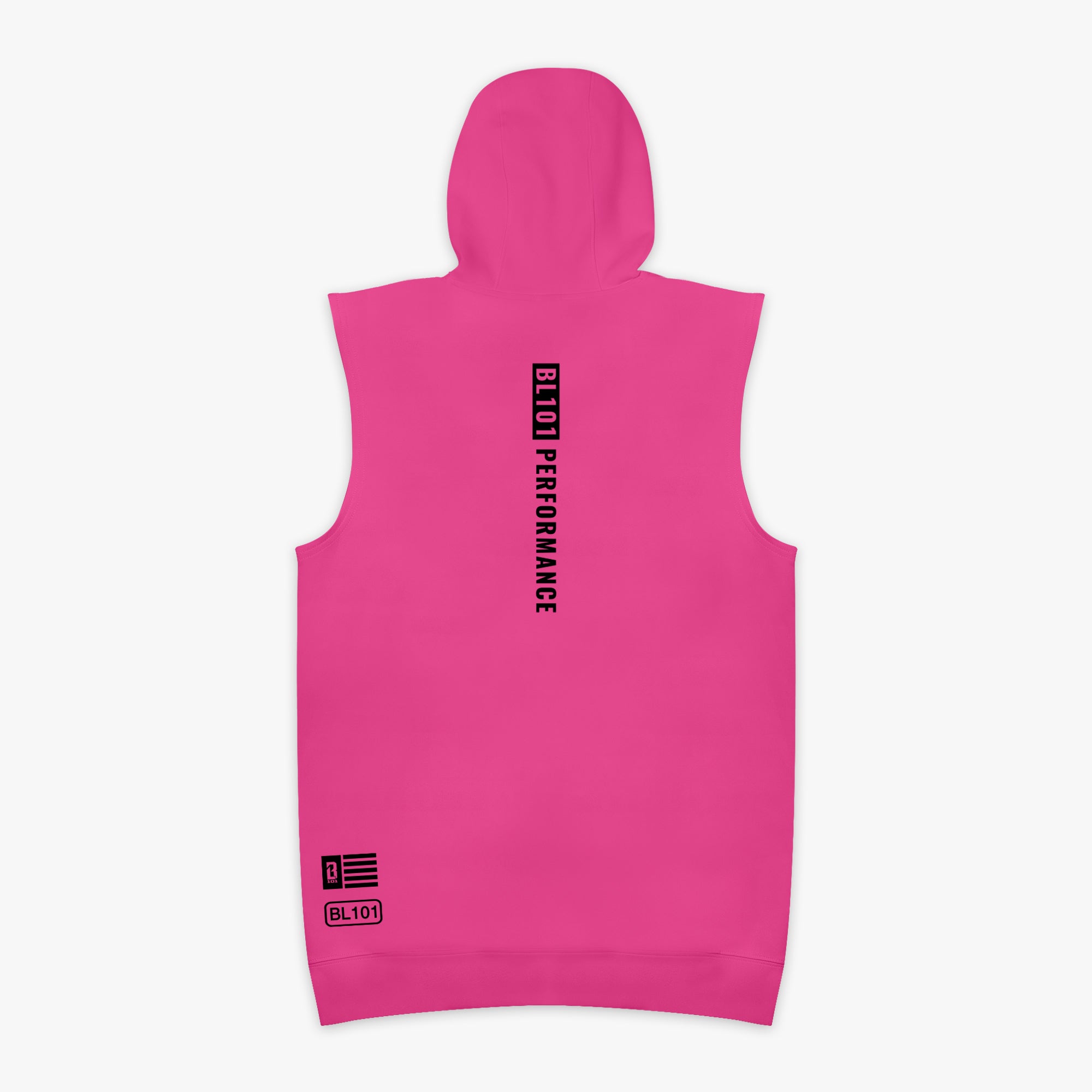 Pink sleeveless hoodie with black 'Bl101 PERFORMANCE' text on chest