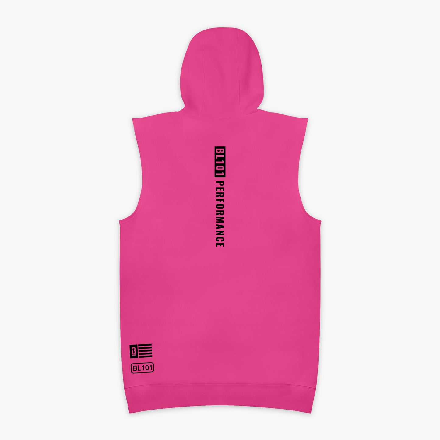 Pink sleeveless hoodie with black 'Bl101 PERFORMANCE' text on chest