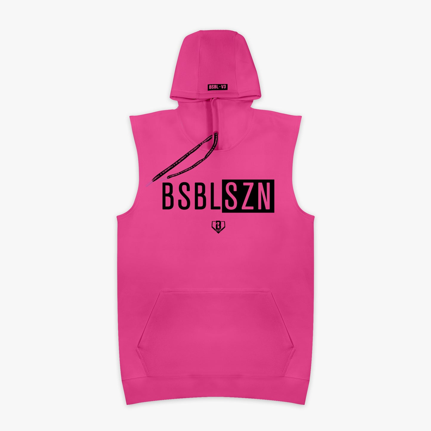 Pink sleeveless hoodie with black 'BSBLSZN' text on chest