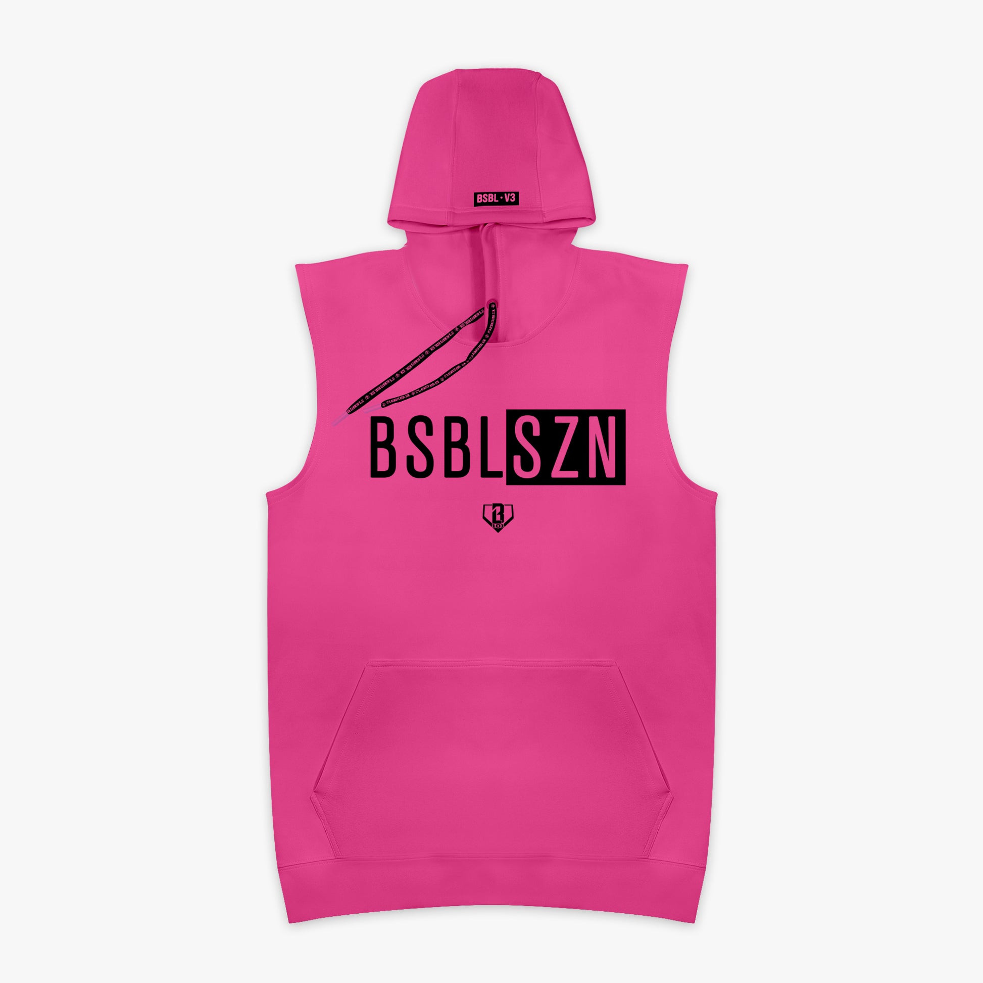 Pink sleeveless hoodie with black 'BSBLSZN' text on chest