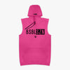Pink sleeveless hoodie with black 'BSBLSZN' text on chest