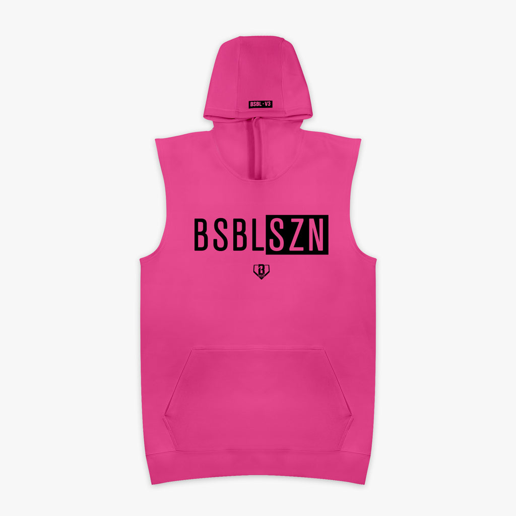 Pink sleeveless hoodie with black 'BSBLSZN' text on chest