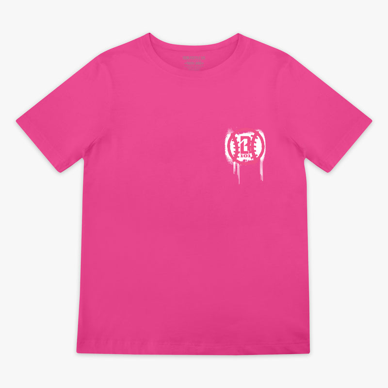 Pink t-shirt with a white BL101 logo on a white background