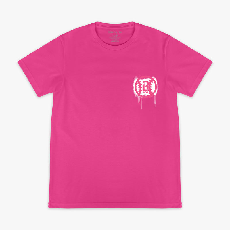 Pink t-shirt with a white BL101 logo on a white background