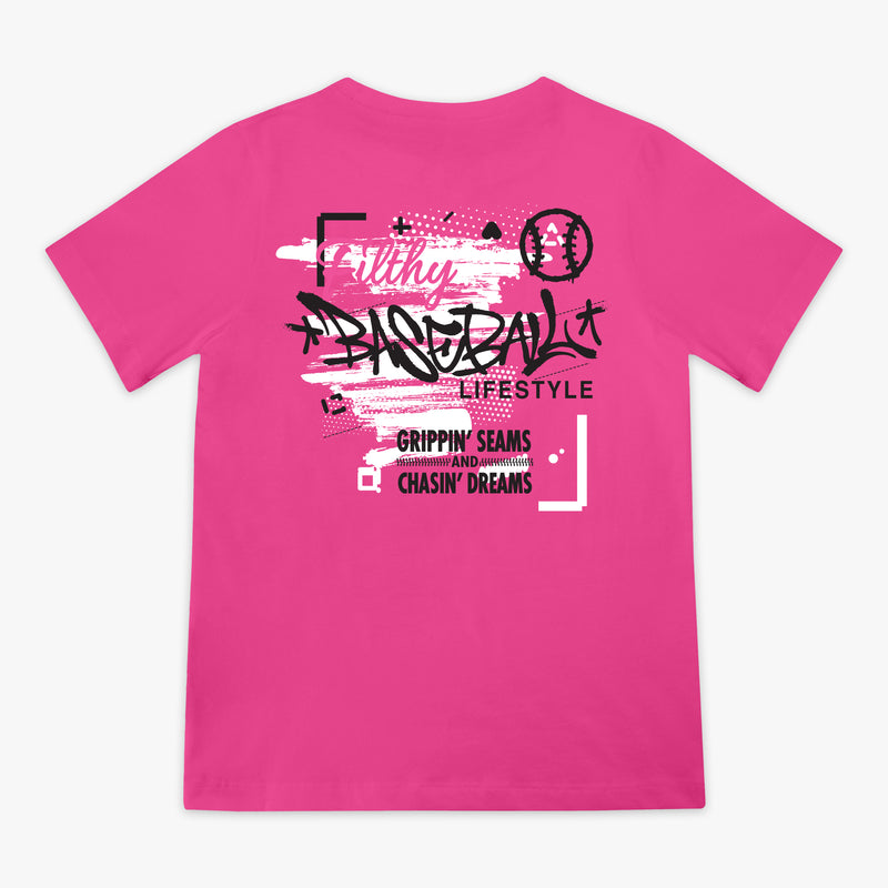 Pink t-shirt with black and white graffiti graphic design with 'Filthy Baseball Lifestyle Grippin Seams and Chasin Dreams' text