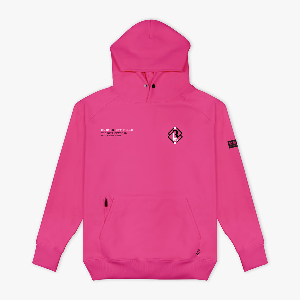 Pink hoodie with 'BL101 X OFF FIELD' logo on chest