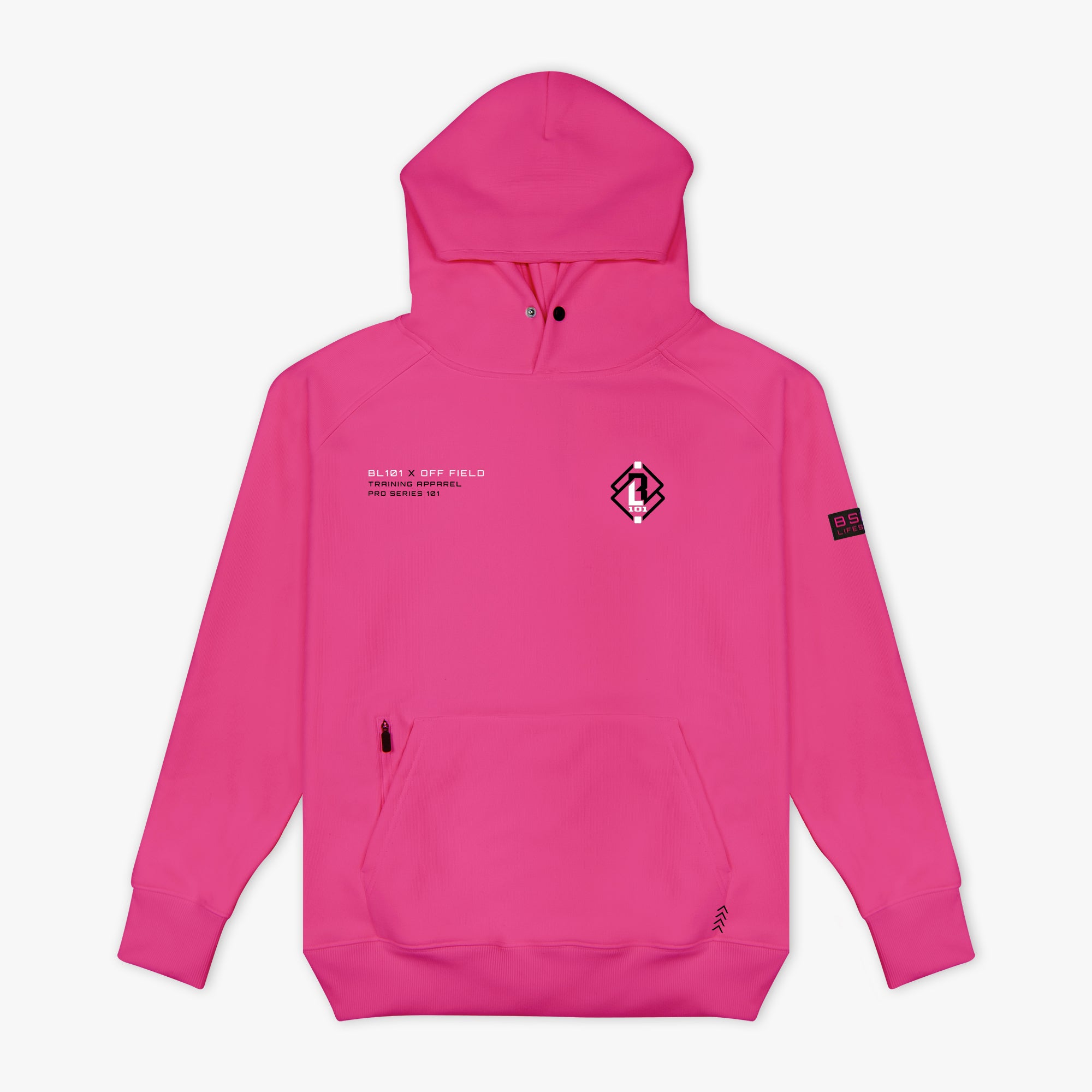 Pink hoodie with 'BL101 X OFF FIELD' logo on chest