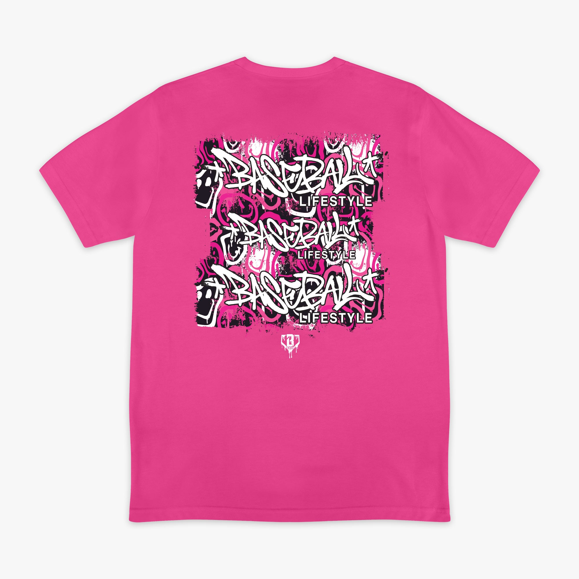 Pink t-shirt with black and white graffiti graphic design with 'Filthy Baseball Lifestyle Grippin Seams and Chasin Dreams' text