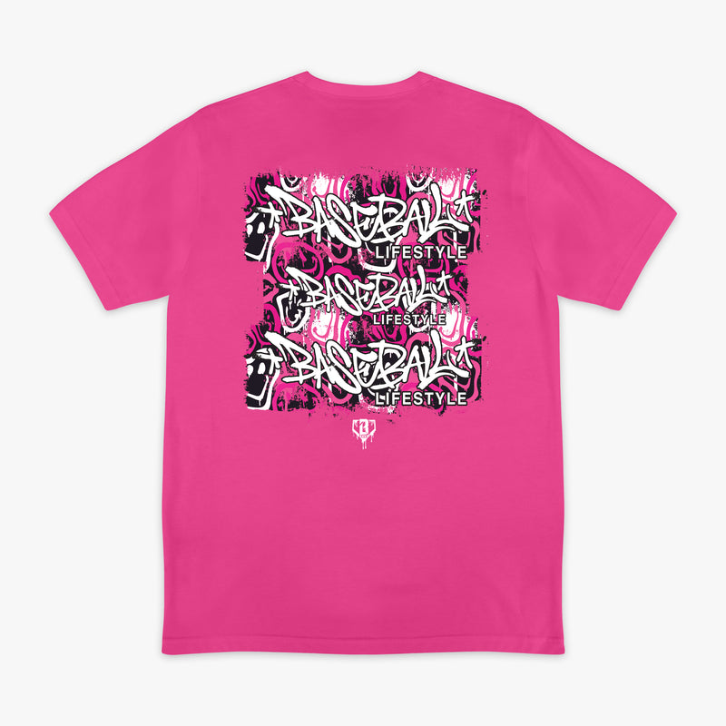 Pink t-shirt with black and white graffiti graphic design with 'Filthy Baseball Lifestyle Grippin Seams and Chasin Dreams' text