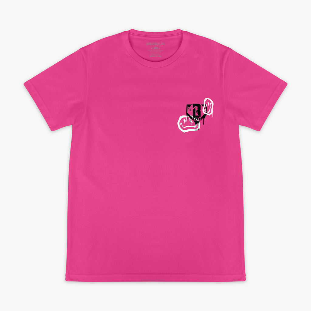 Pink t-shirt with a black BL101 logo and white smiley face graphics on a white background