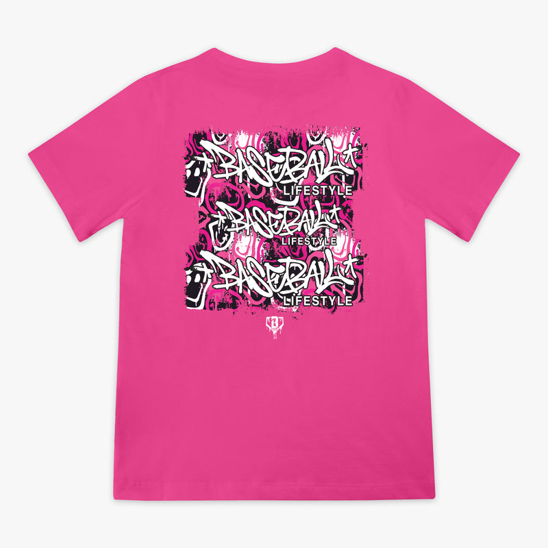 Pink t-shirt with black and white graffiti graphic design with 'Filthy Baseball Lifestyle Grippin Seams and Chasin Dreams' text