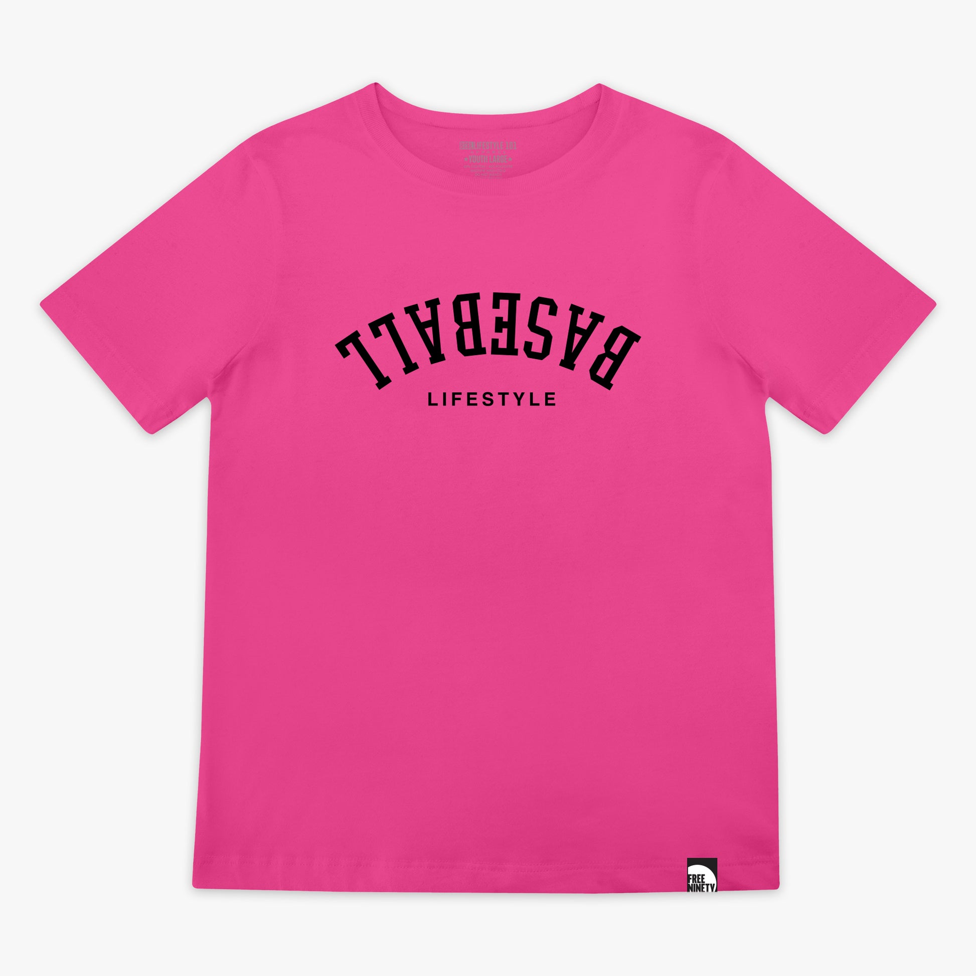 pink t shirt with upside down 'Baseball Lifestyle' text