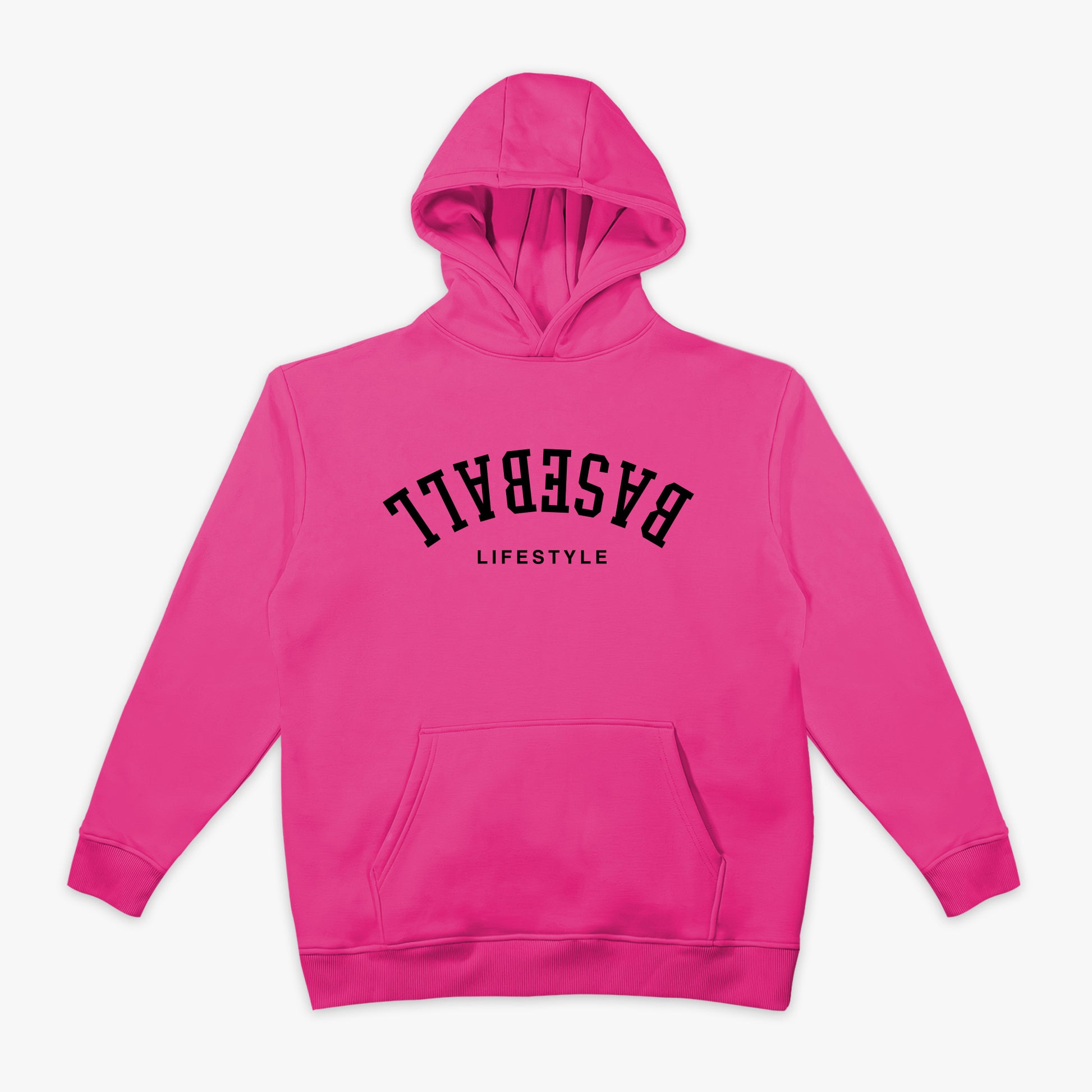 Pink hoodie with upside down 'Baseball Lifestyle' logo