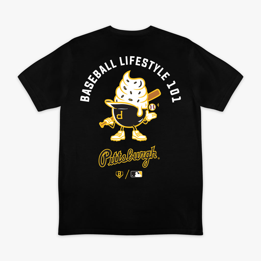 Black graphic tee with "Pittsburgh Pirates Ice Cream Cap" design - back view