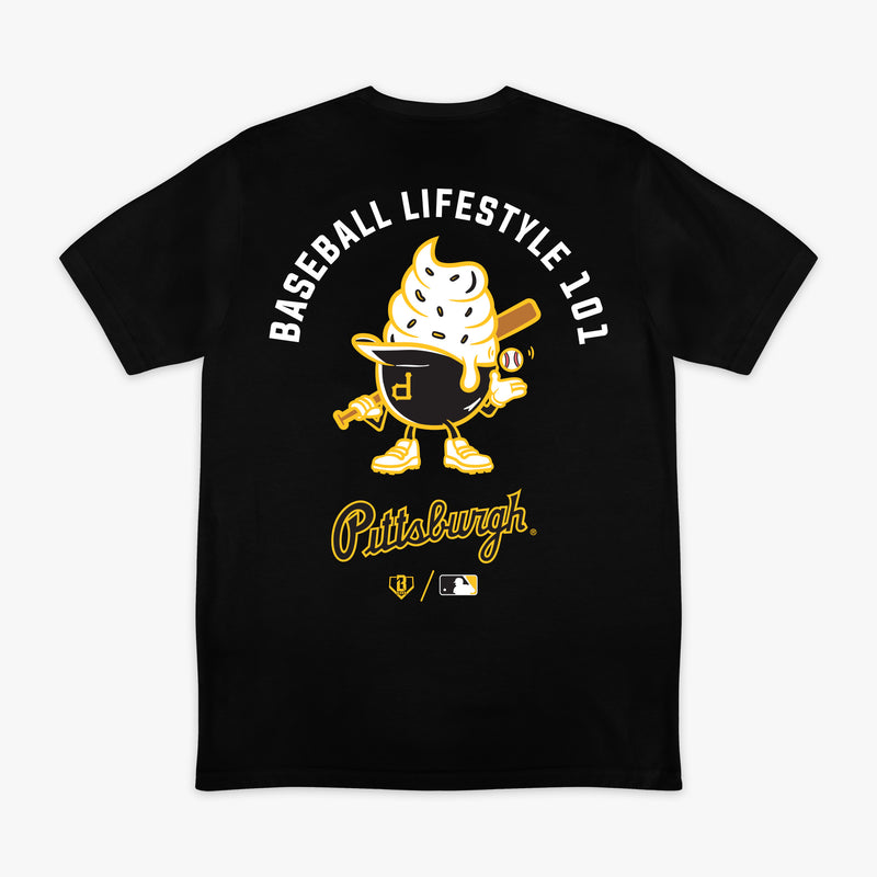 Black graphic tee with "Pittsburgh Pirates Ice Cream Cap" design - back view