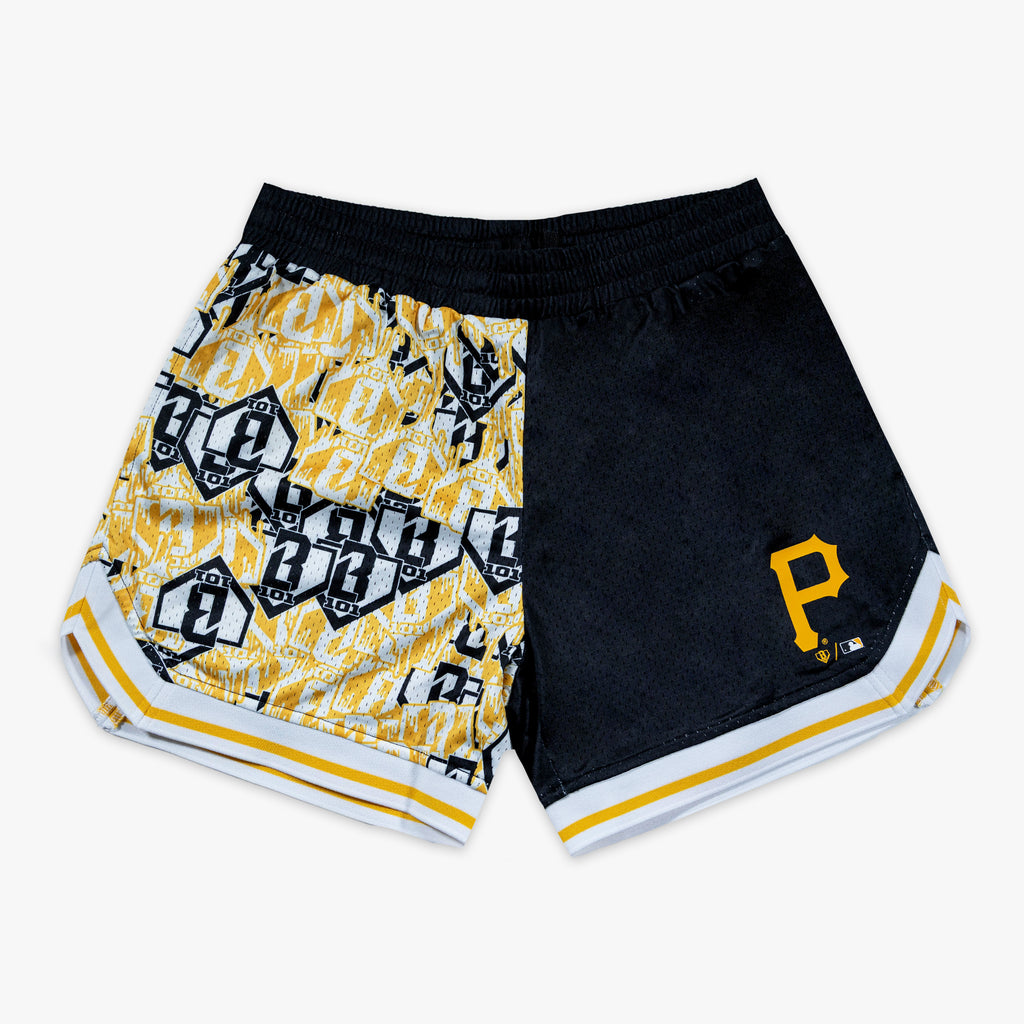 Black shorts with "Pittsburgh Pirates Sticker Court" design - front view