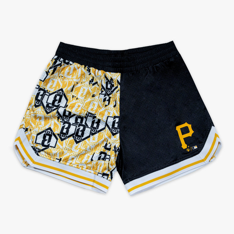 Black shorts with "Pittsburgh Pirates Sticker Court" design - front view