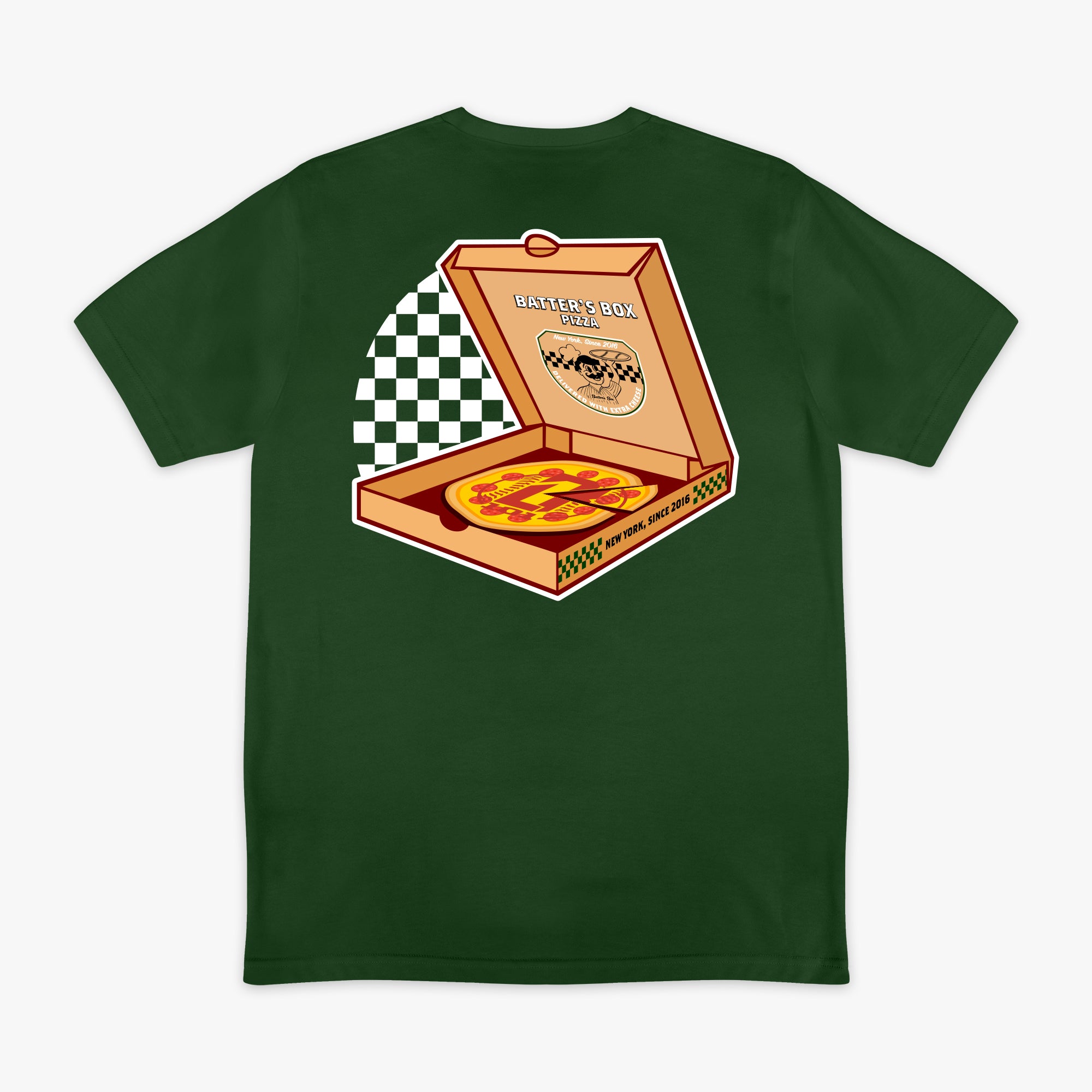 Graphic tee with “Pizza Delivery” design — back view