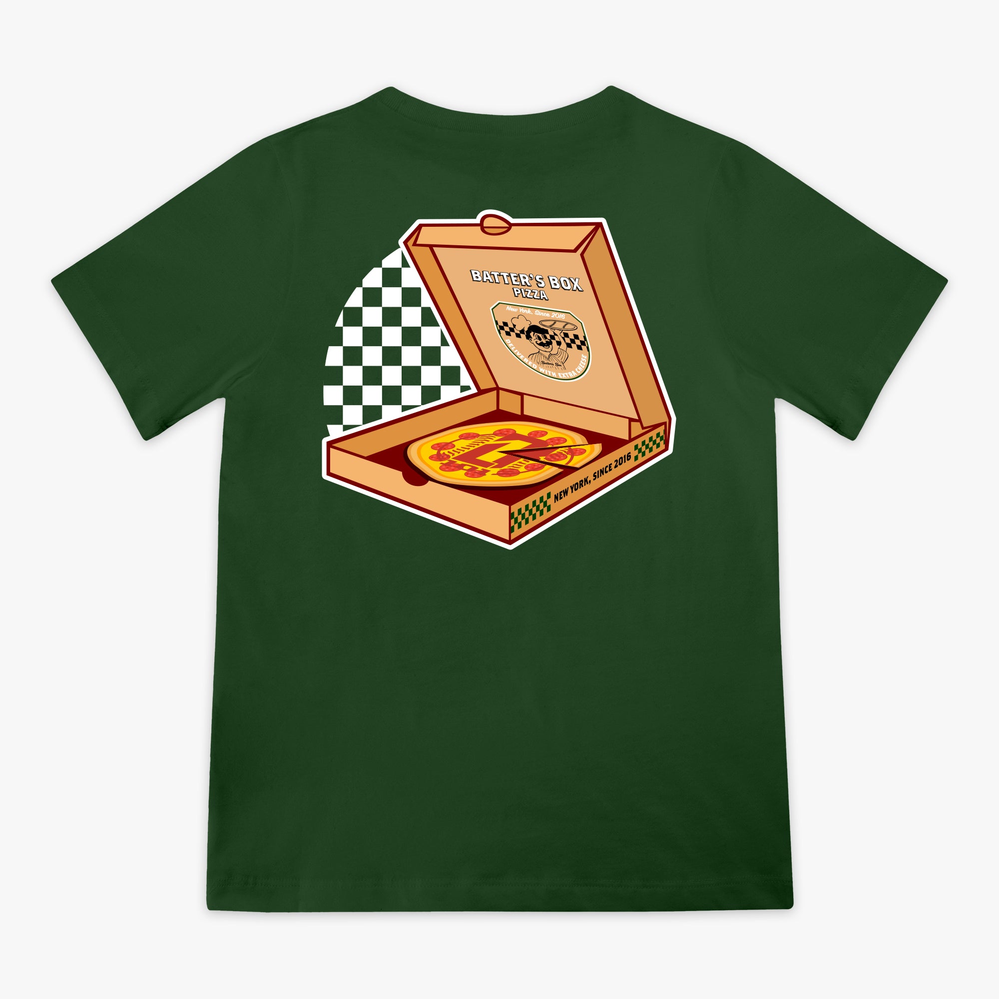 Youth graphic tee with “Pizza Delivery” design — back view